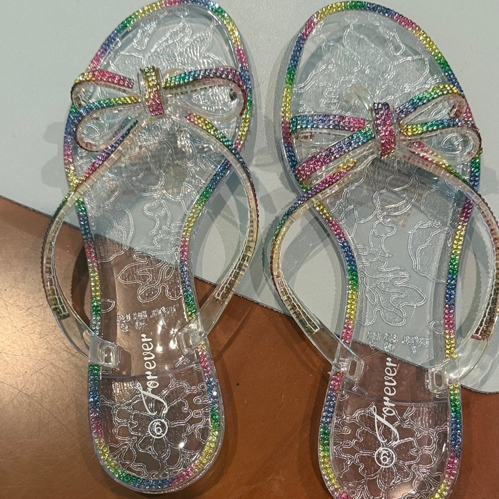 Forever 21 Clear Jelly Sandals with Rainbow Bow Trim